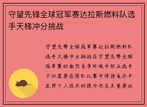 守望先锋全球冠军赛达拉斯燃料队选手天梯冲分挑战